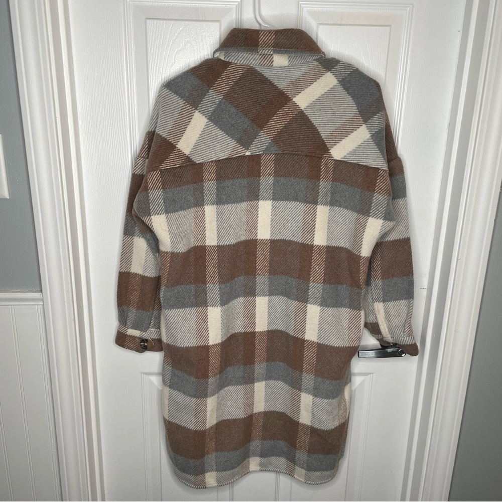 Evereve Raye Plaid Longline Shacket Preppy Academia in Brown/Gray/White XS - Picture 4 of 16